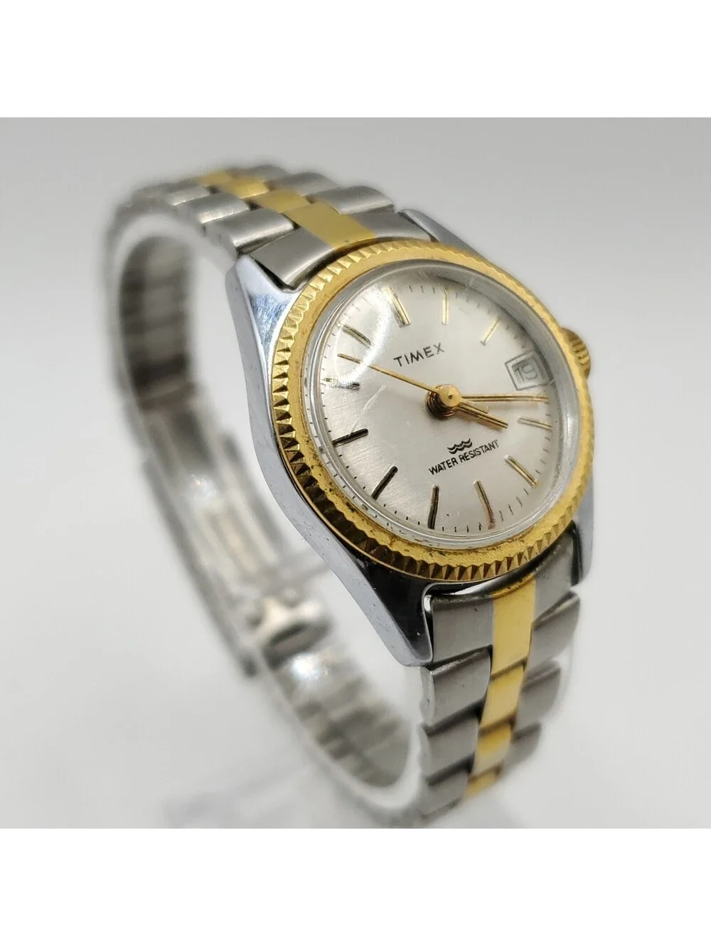Timex Mechanical Date Dial Two-Tone Fluted Bezel Womens Watch 24mm Running